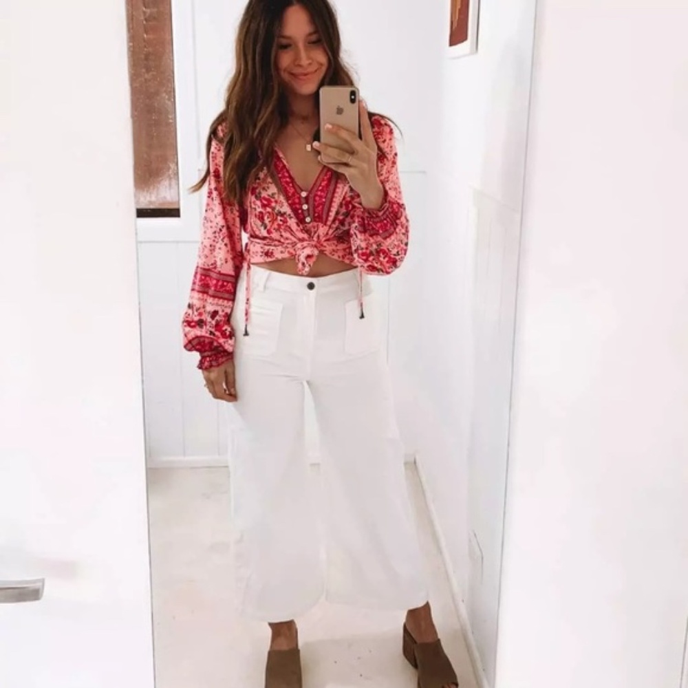 SOLD OUT Pink Floral Gypsy Bohemian Button Long Sleeve Top - Picture 8 of 11